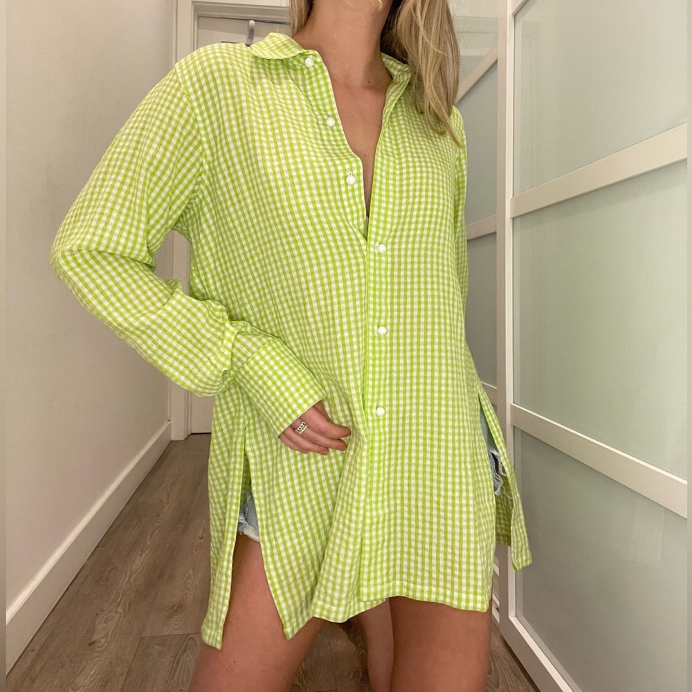 Solid & Stripped Lime Green Gingham Button Up Top - image 1